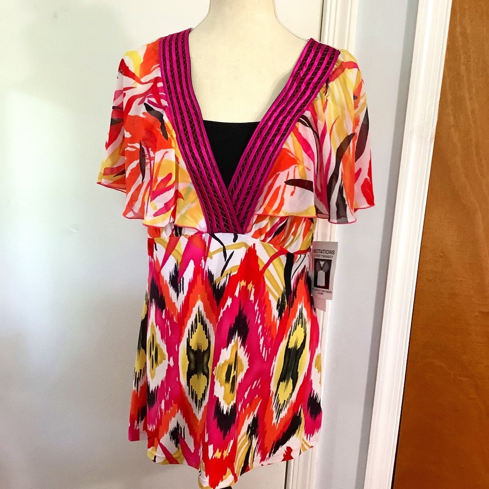 NWT NOTATIONS BOHO ARTSY ABSTRACT RED PINK BLOUSE LARGE